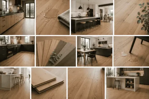 Cuisine avec îlot central et parquet en chêne clair